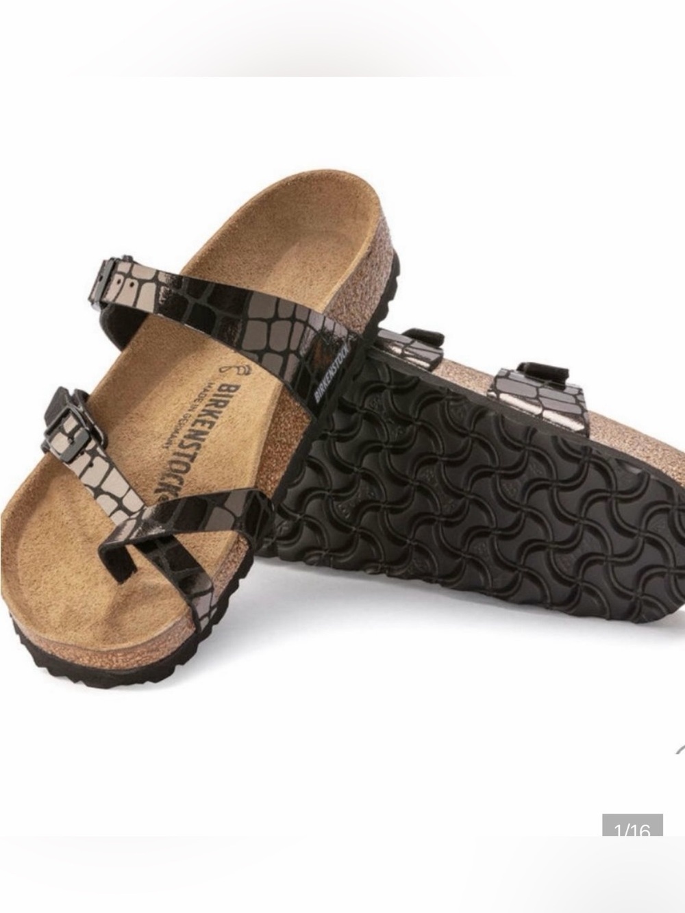 Birkenstock Metallic Croc-Print Two-Strap Sandals, NWT